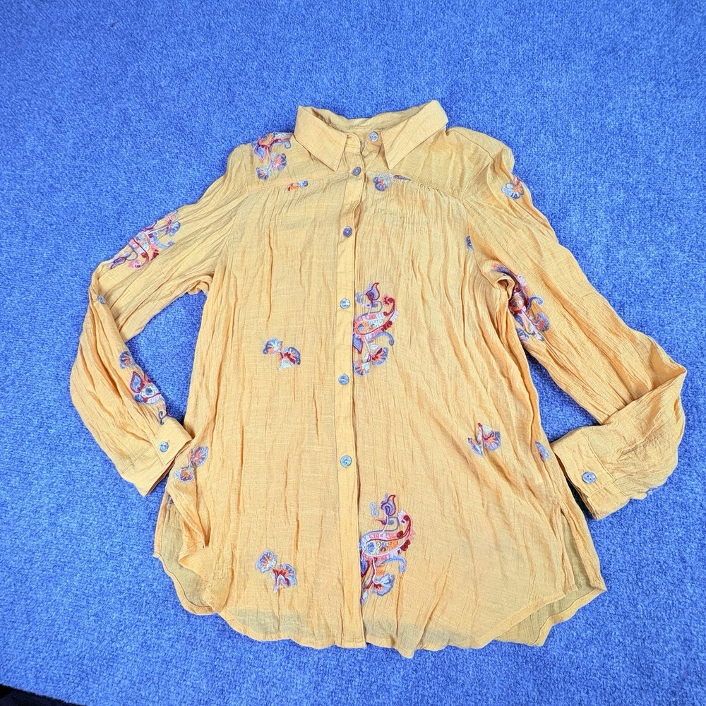 Fig And Flower Anthropologie Blouse‎ Womens M Yellow Embroidered Boho Fairycore